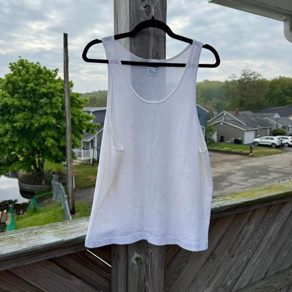 Vintage 90s Mesh Tank Top Men's Size Large White Retro Knit Made In USA Beach